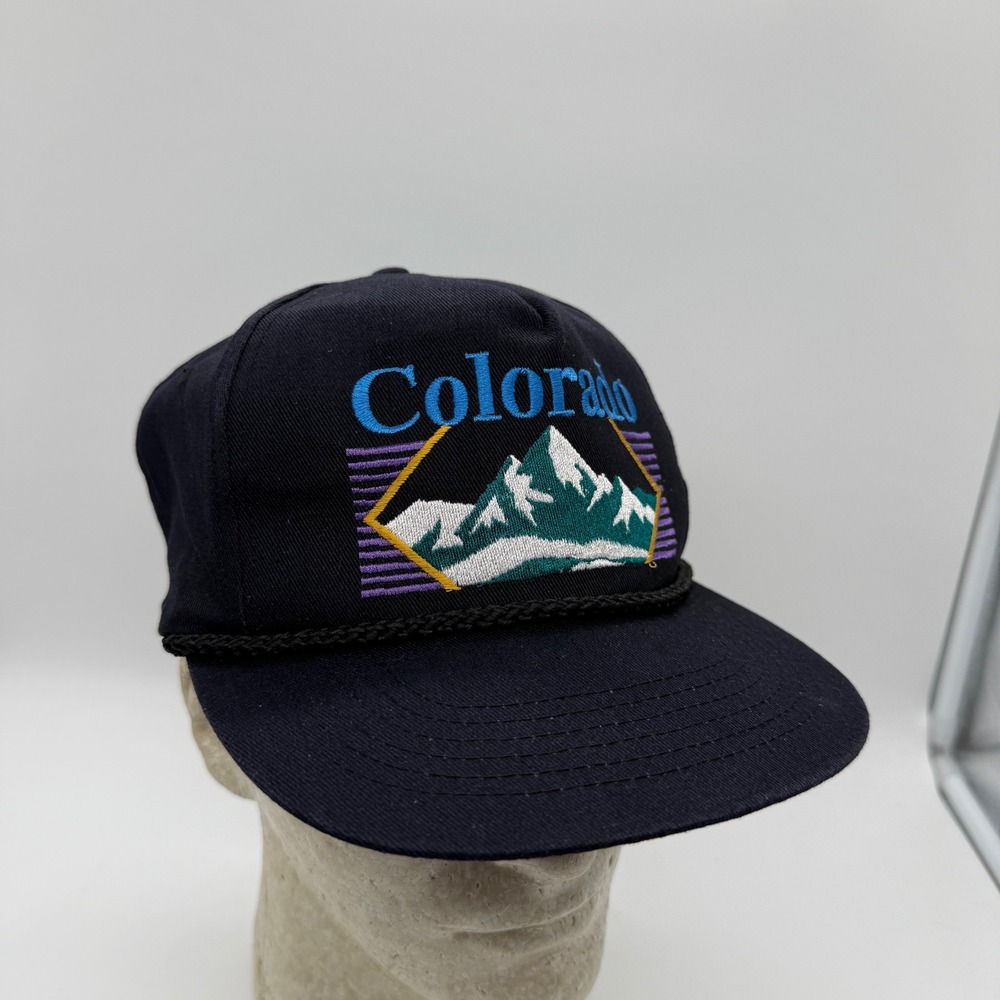 Vintage Colorado Mountain Snapback Hat Black Rope Trucker Cap 90s Headliners